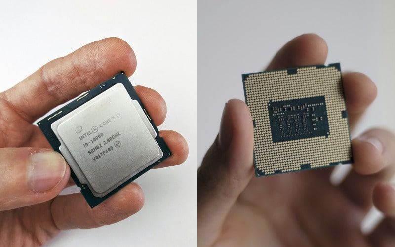 A close up photograph of an Intel CPU